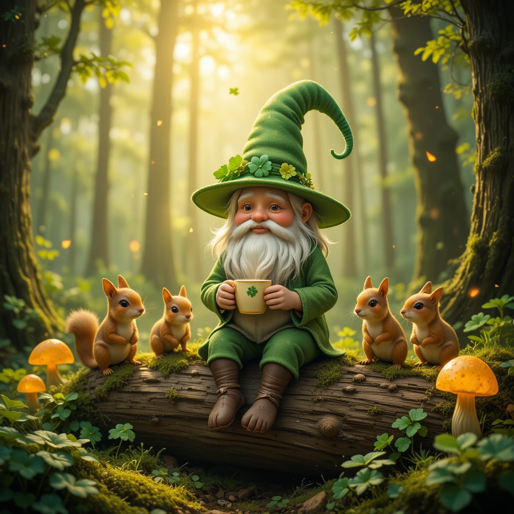 Magical forest gnome relaxing with coffee and squirrels