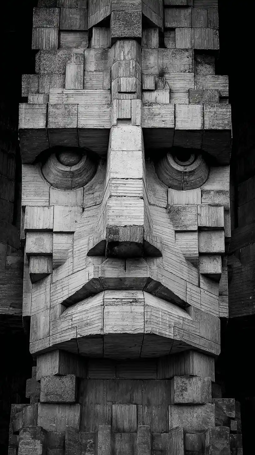 Monumental brutalist concrete facade forming a human face