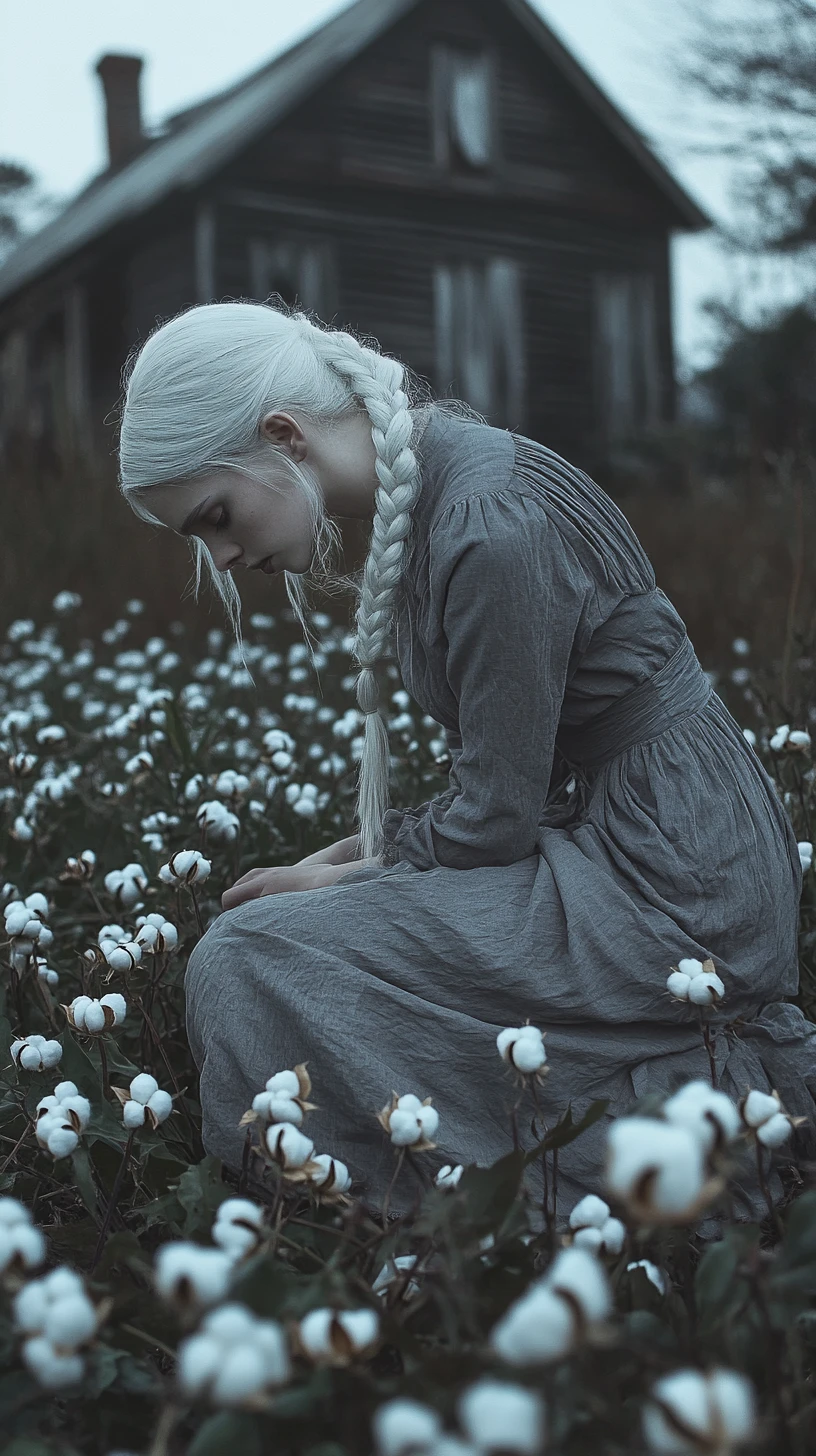 Femme aux cheveux blancs agenouillée dans un champ de coton sombre