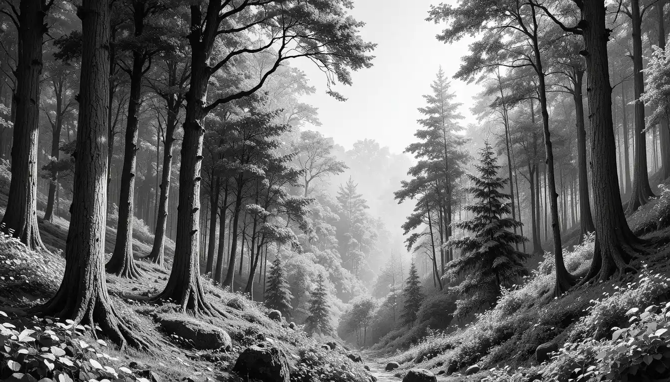 Black and white engraving of a dense woodland forest scene
