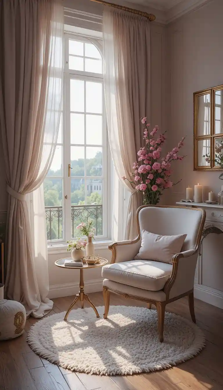 Angolo accogliente con poltrona, luce dalla finestra, fiori e candela