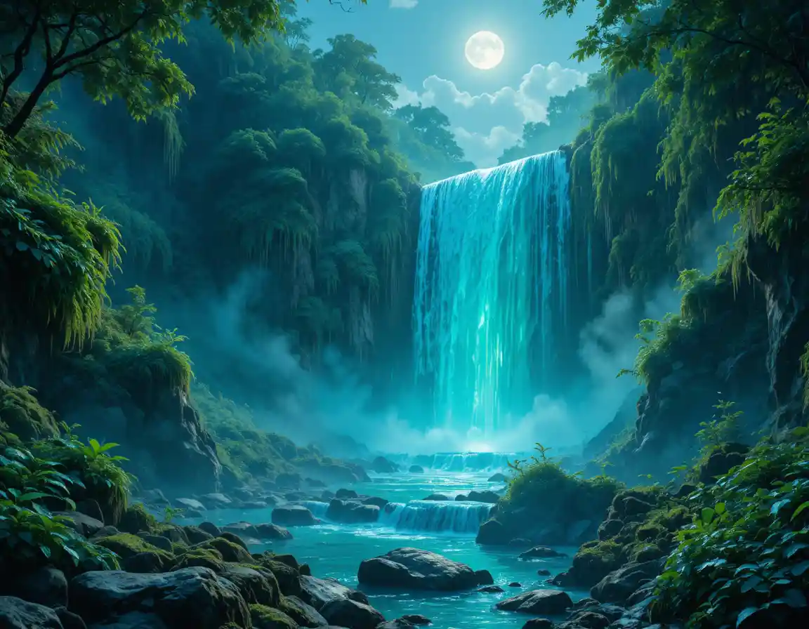 Majestischer Kristallwasserfall in einem leuchtenden mondbeschienenen Wald