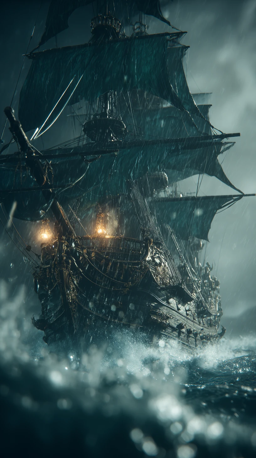 Ghost pirate ship battles through storm and glowing waves