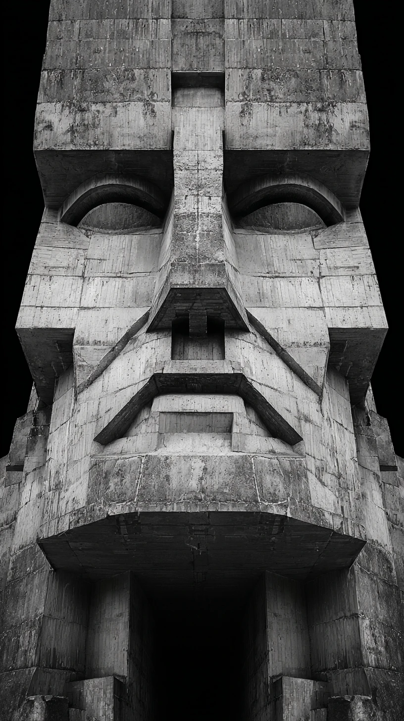 Monumental brutalist concrete facade forming a human face