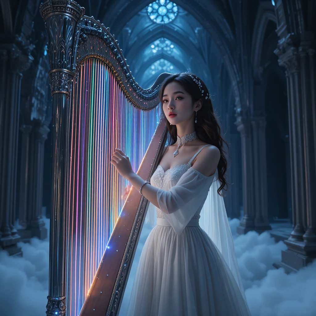 Korean woman playing a glowing spectral harp of light