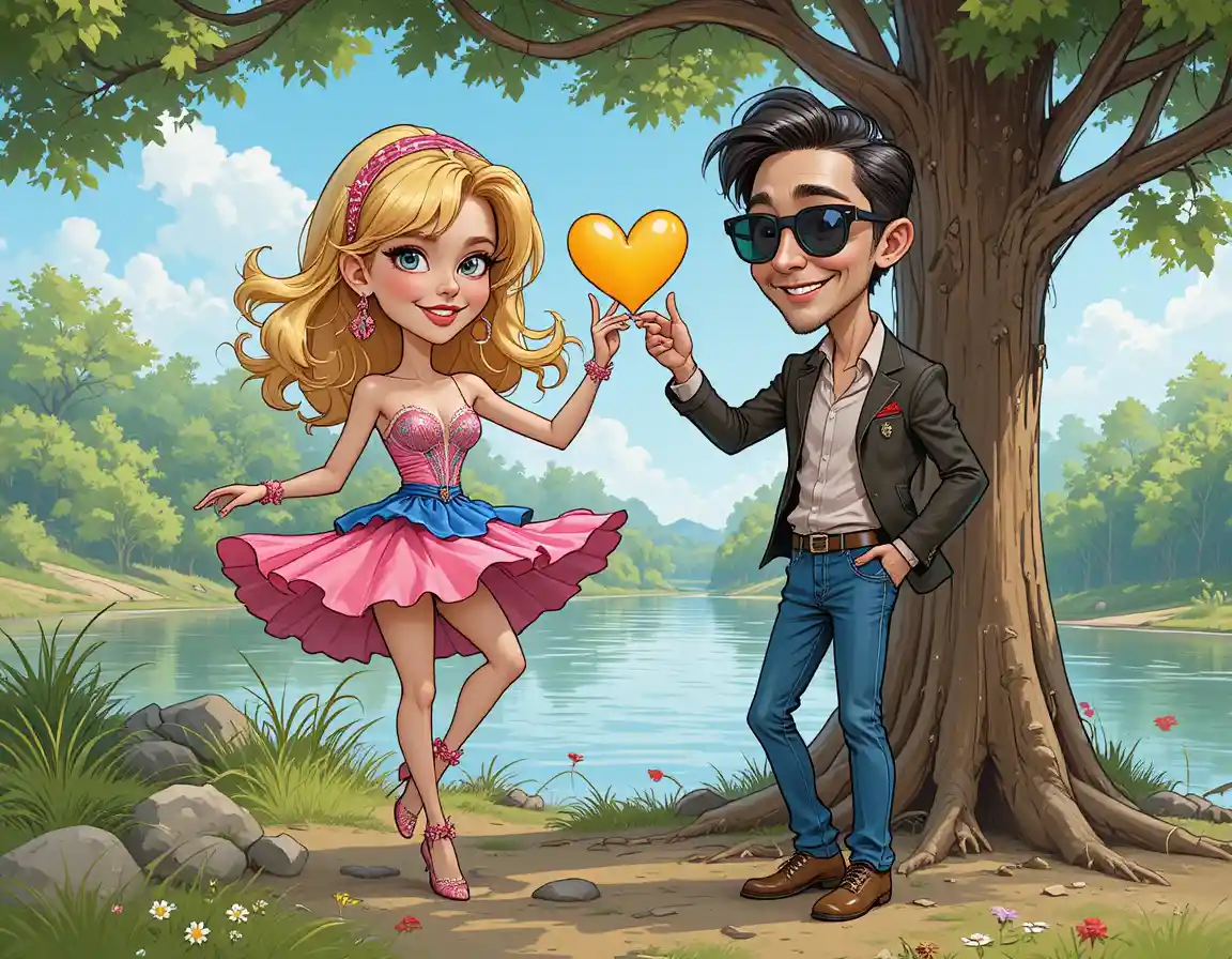 Blonde woman dancing in pink heels by a riverside