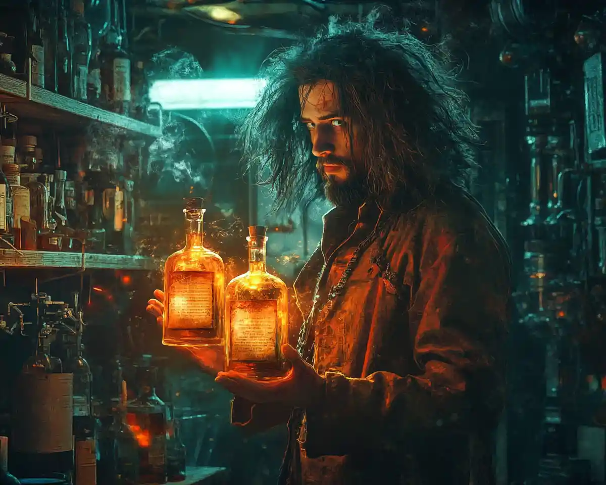 Eccentric Scientist Holding Glowing Bottles In Dark Laboratory