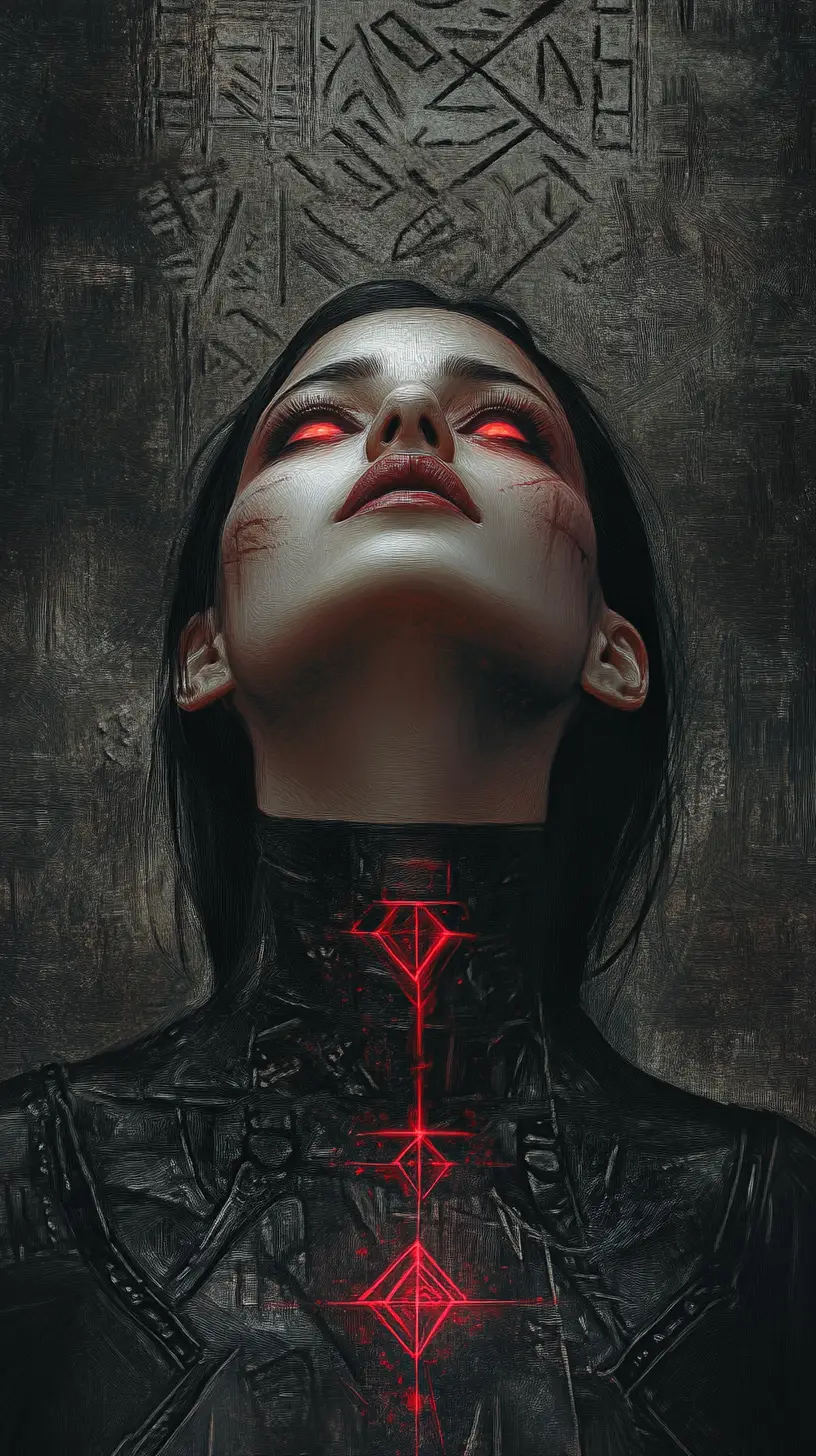 Mystical woman with glowing runes and red eyes