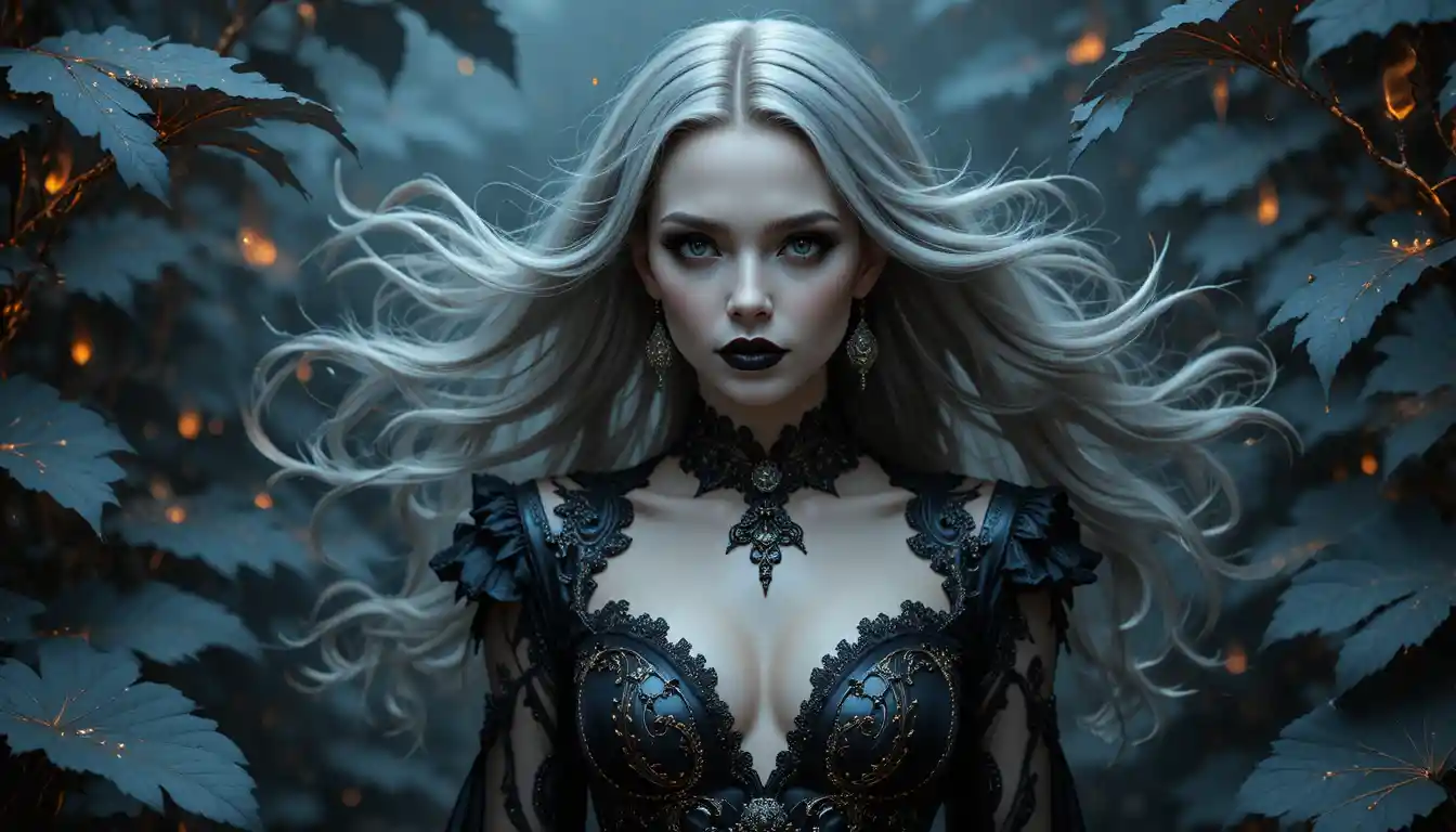 Gotische Vampirfrau, die durch eine surreale Nachtwelt schreitet