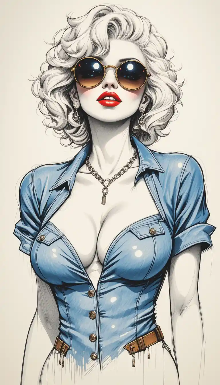 Blonde pin up woman in sunglasses and denim outfit