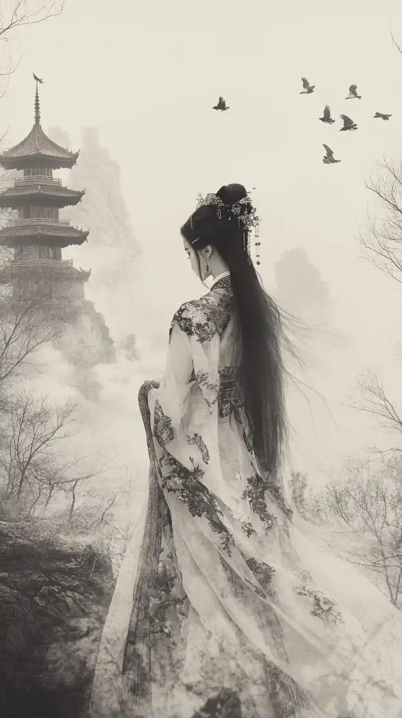 Noble woman in hanfu in misty ink wash landscape