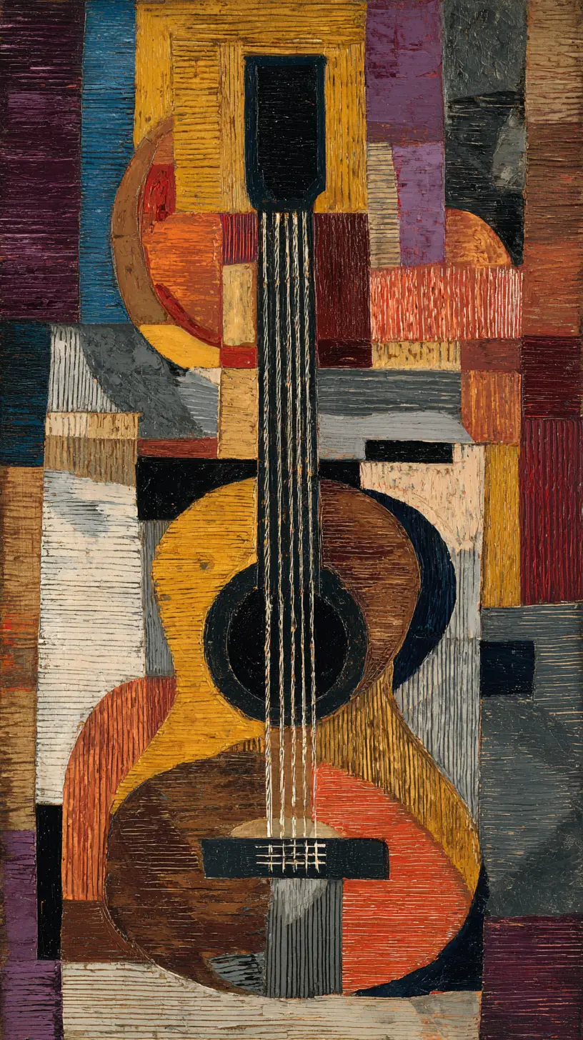 Cubist abstract painting of an acoustic guitar with facets