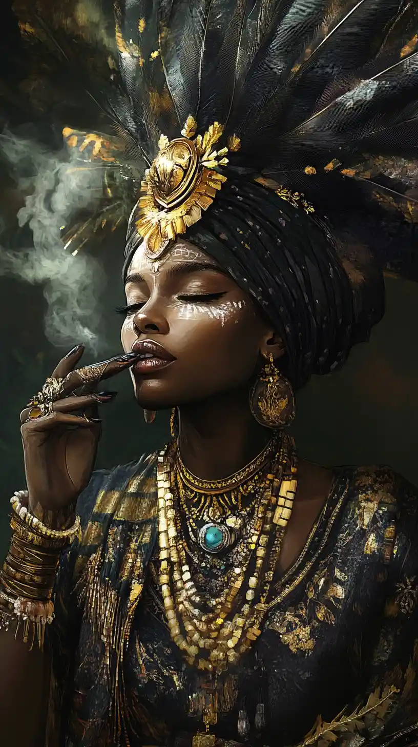 Afrofuturistic divine man laughing at mortal magic