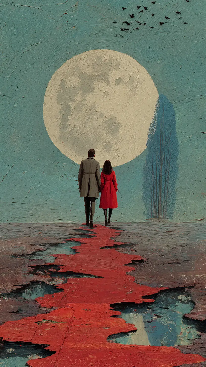 Couple Walking Toward A Pale Moon Over Calm Sea
