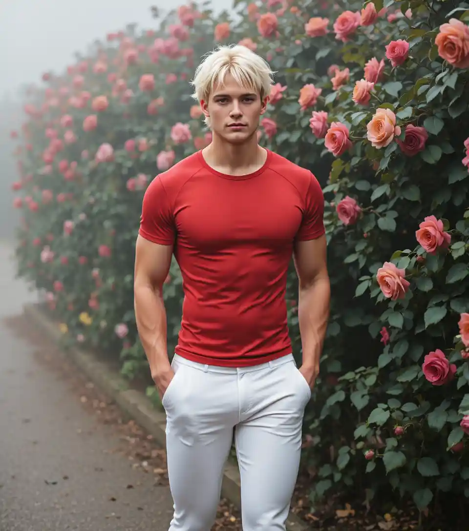 Giovane uomo biondo che cammina accanto a cespugli di rose colorate