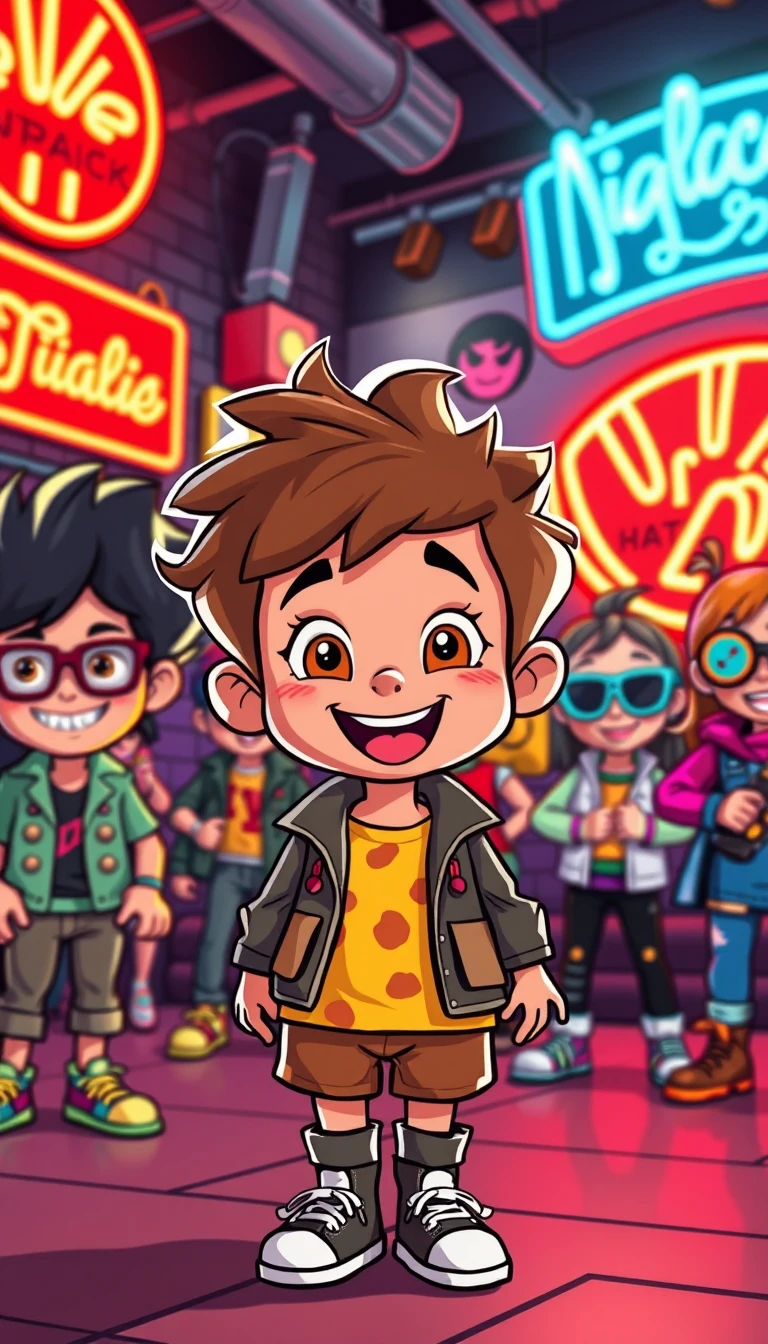 Niño juguetón frente a club nocturno de neón en estilo caricatura