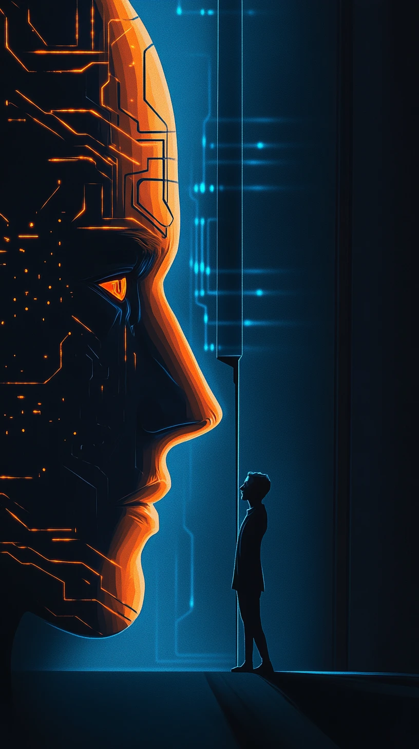 Artista de IA frente a una interfaz digital humana luminosa