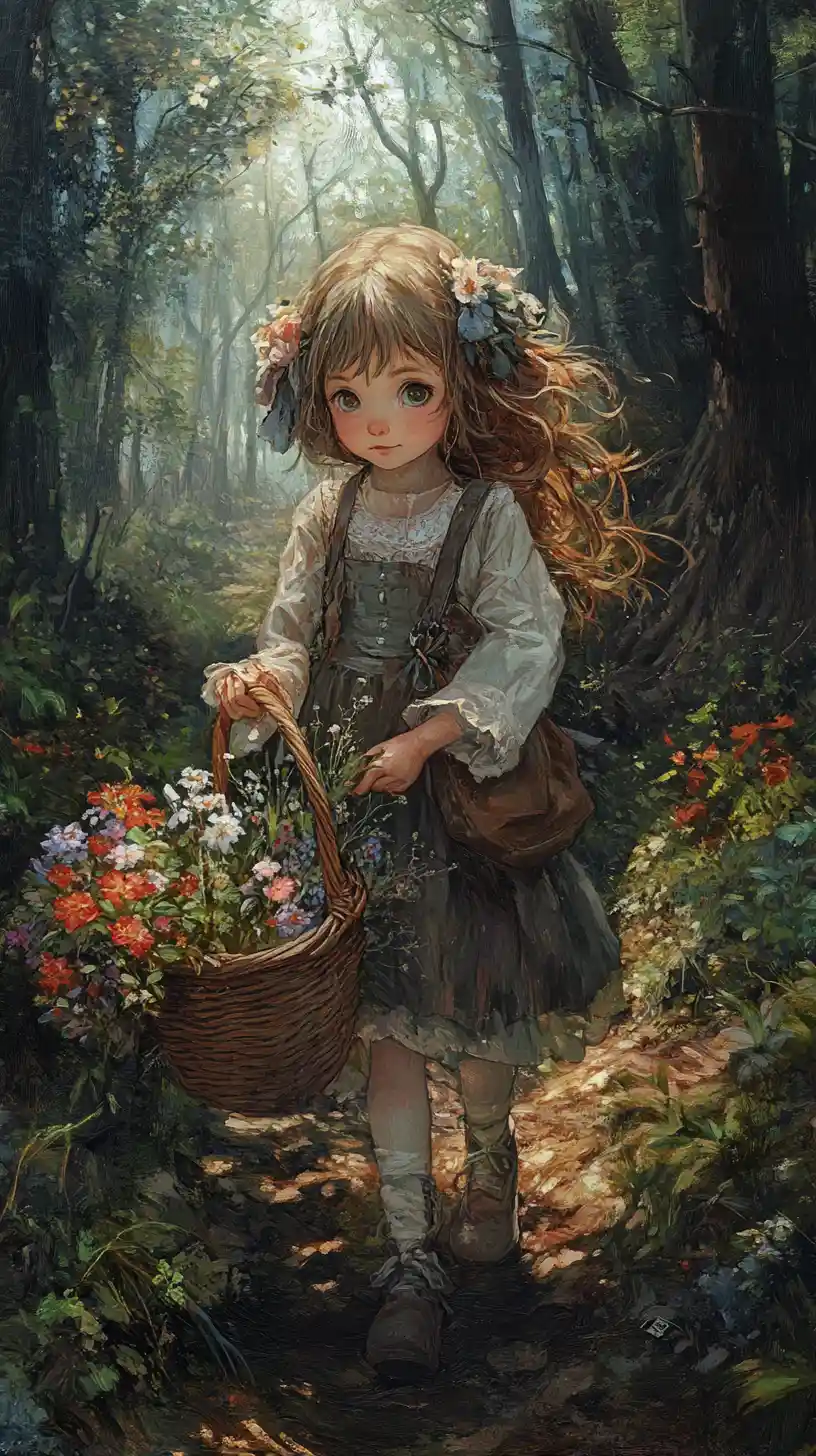 Little girl with flower basket walking through forest