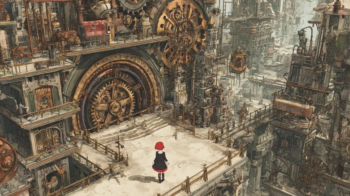 Watercolor fantasy city of clockwork machinery and steam