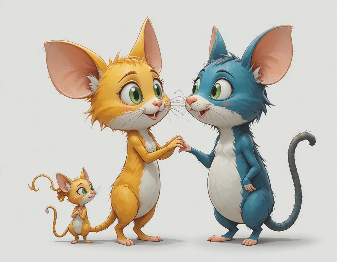 Playful yellow cartoon cat holding a tiny blue mouse