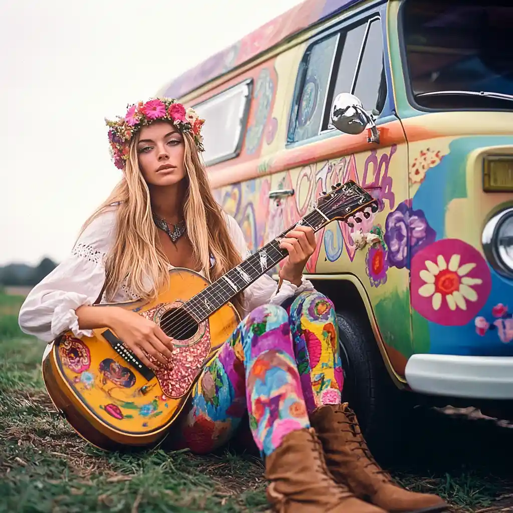 Mujer hippie tocando la guitarra junto a una furgoneta psicodélica colorida