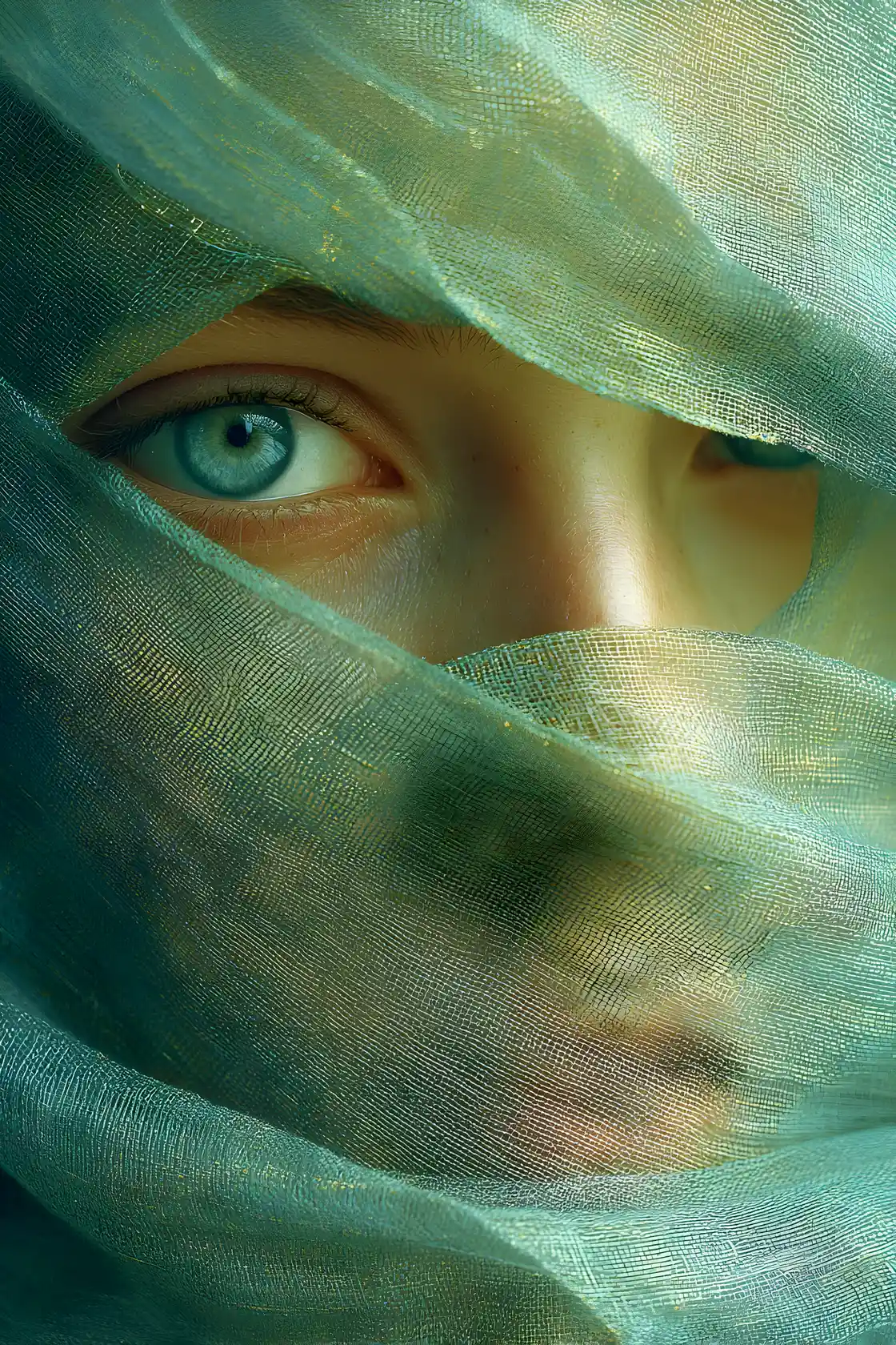 Macro close up of a woman face through linen fabric