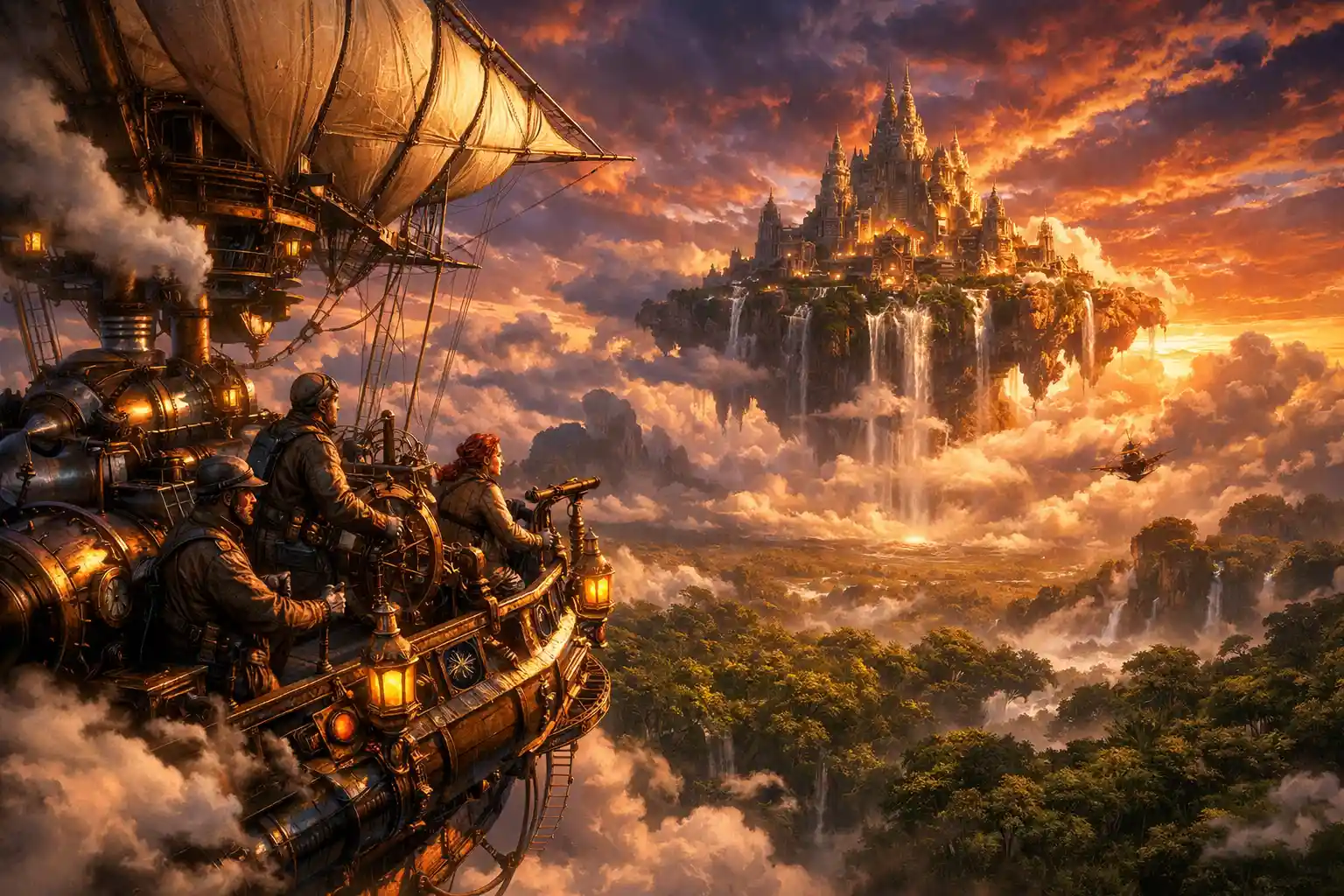 Steam airship adventurers flying toward floating jungle ruins