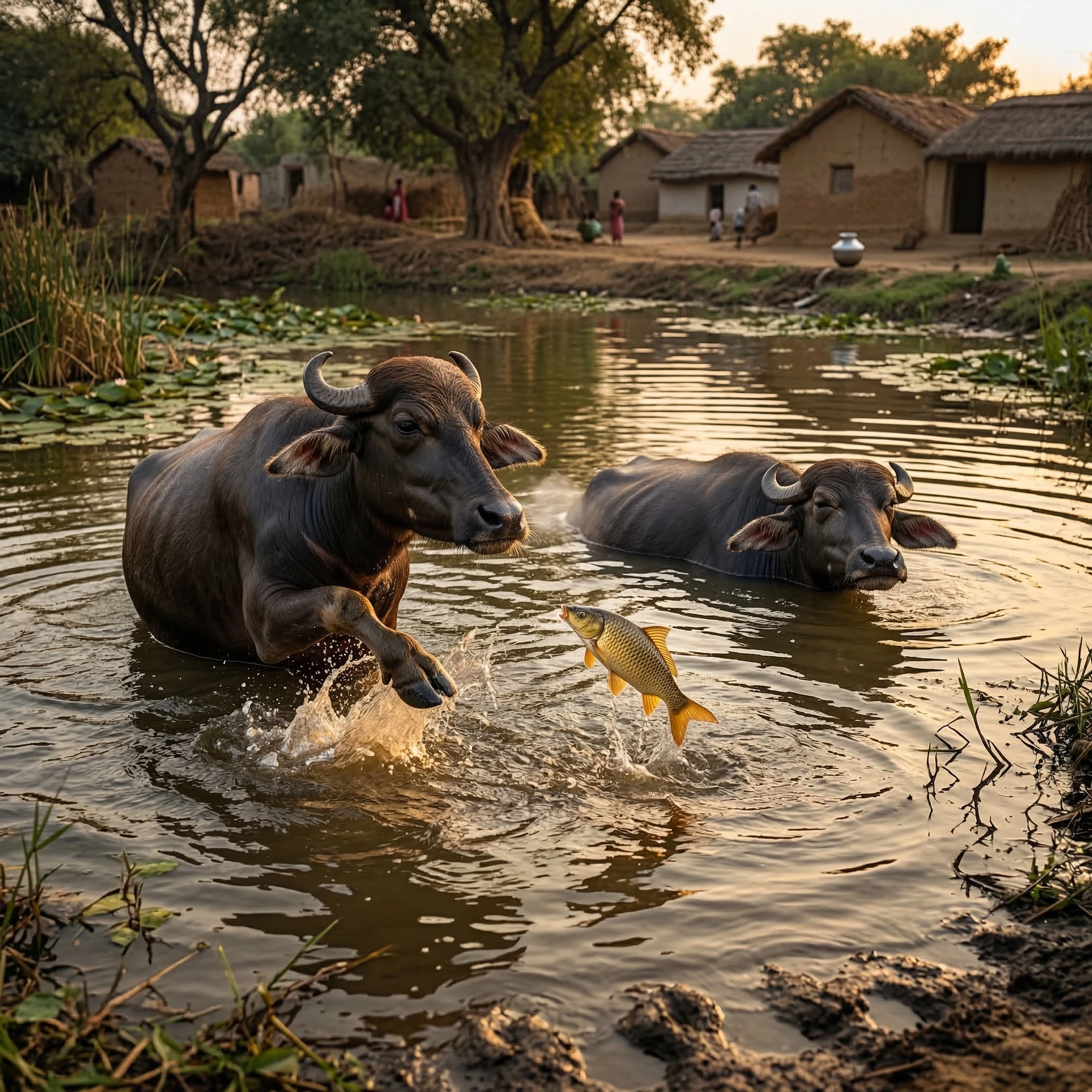 Two buffalo drinking at a calm village pond