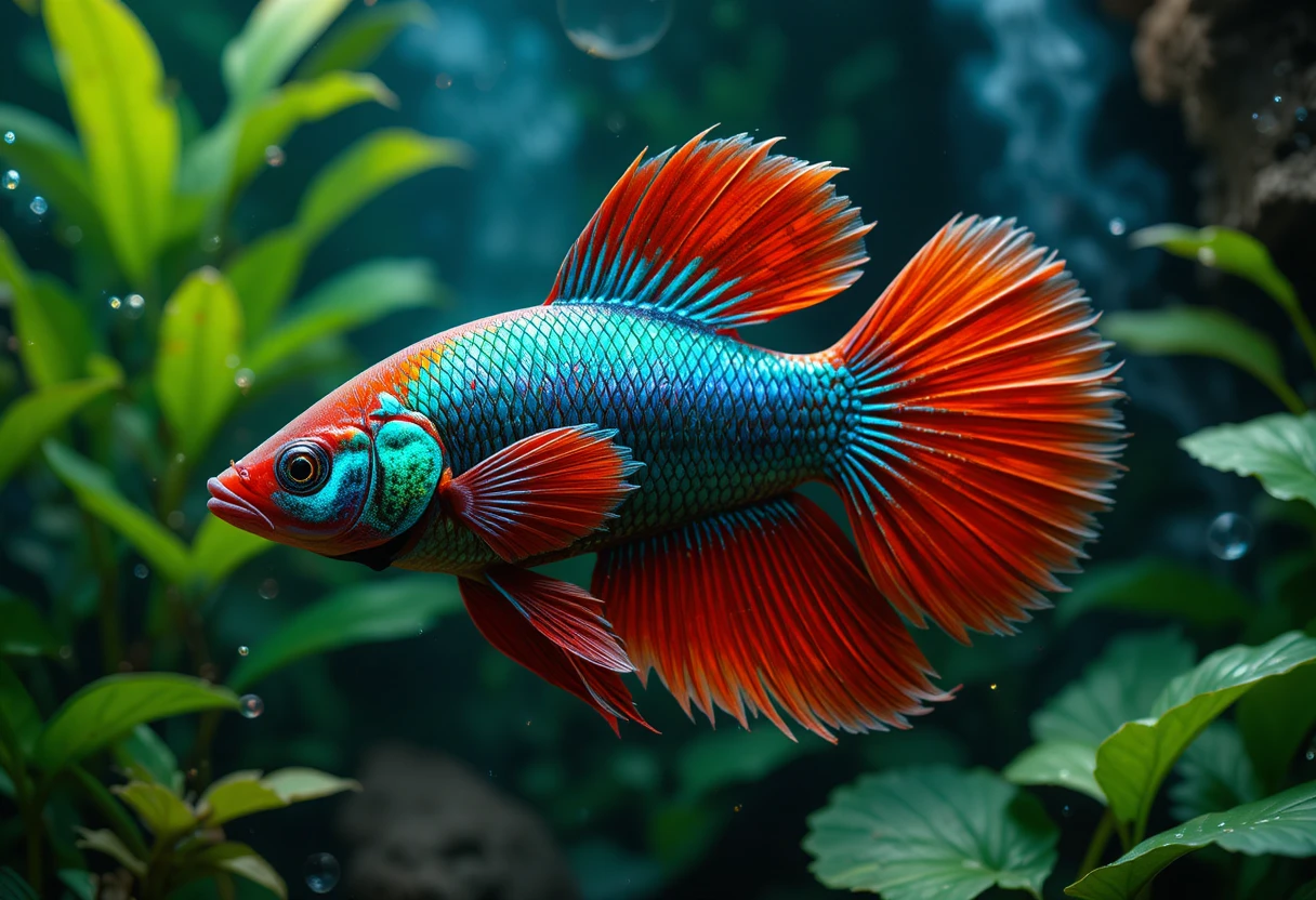 Colorful Siamese fighting fish in a lush aquatic scene