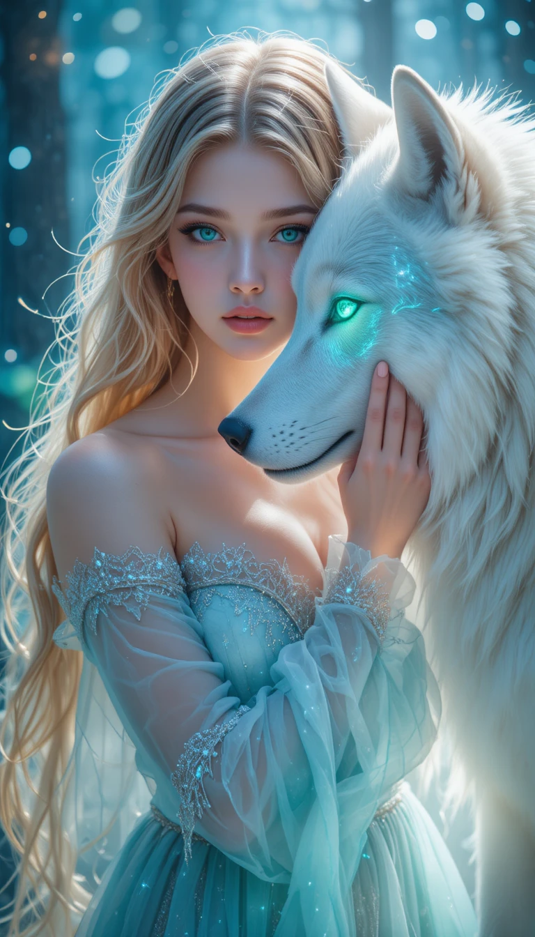 Golden haired maiden resting her cheek against a white wolf
