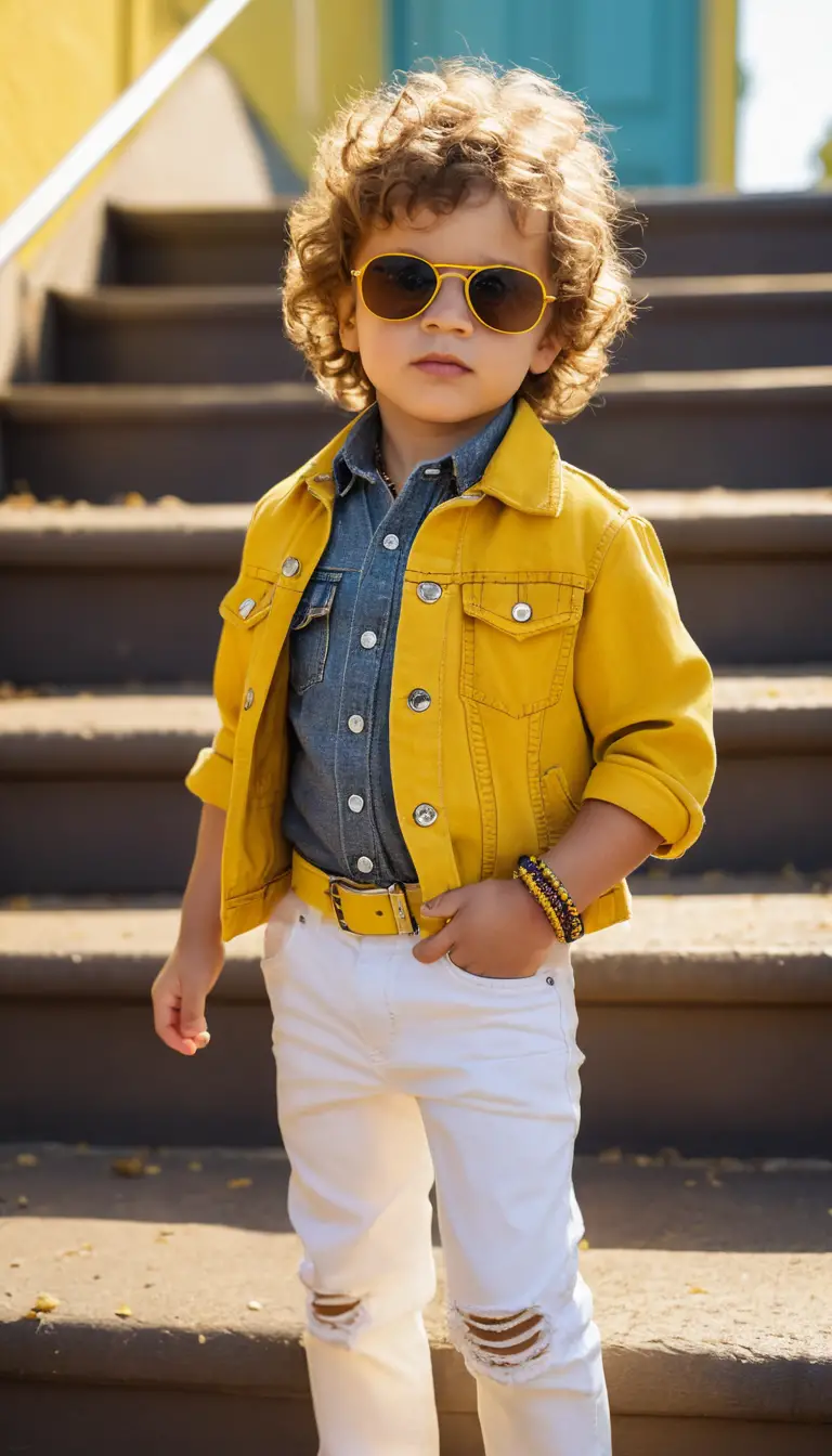 Stylish toddler boy posing confidently on sunlit outdoor stairs