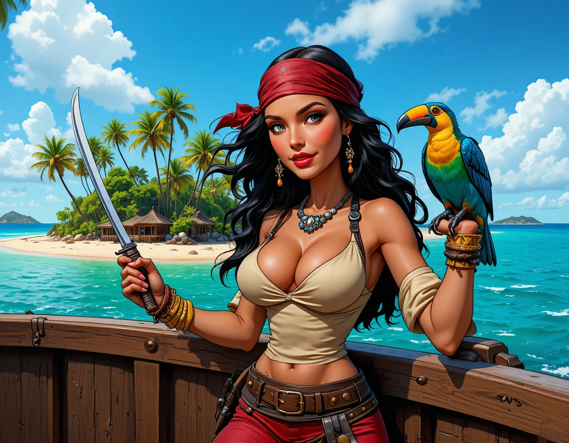 Latina-Piratin mit Tukan auf tropischem Schiffsdeck