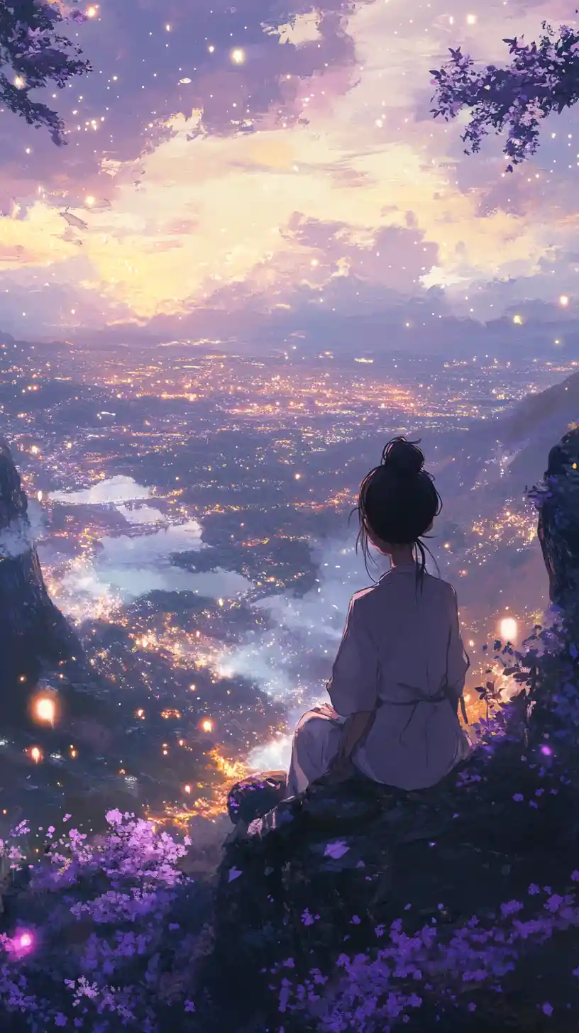 Anime girl on cliff overlooking glowing fantasy valley