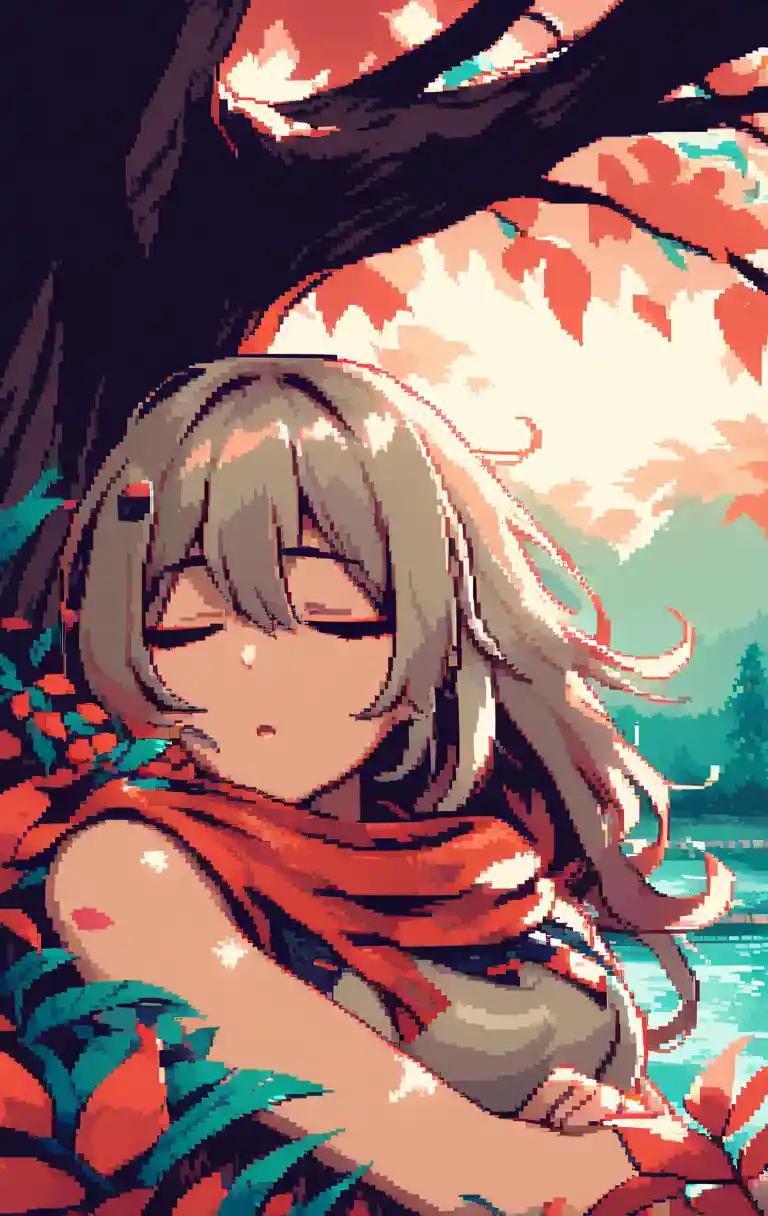 Anime-Mädchen mit grauen Haaren und rotem Schal, das friedlich unter einem Baum mit Herbstlaub schläft.