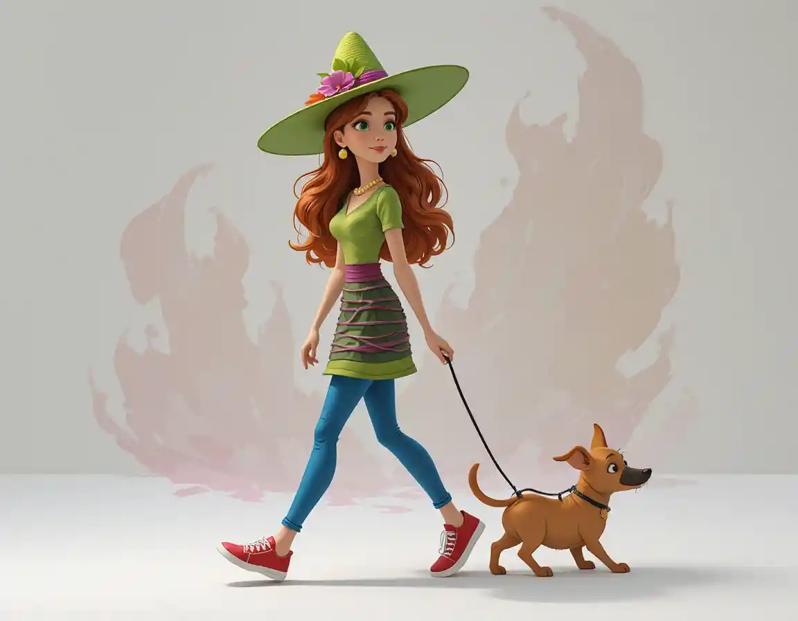 Ragazza dai capelli rossi che porta a spasso un cane giocherellone in stile cartoon