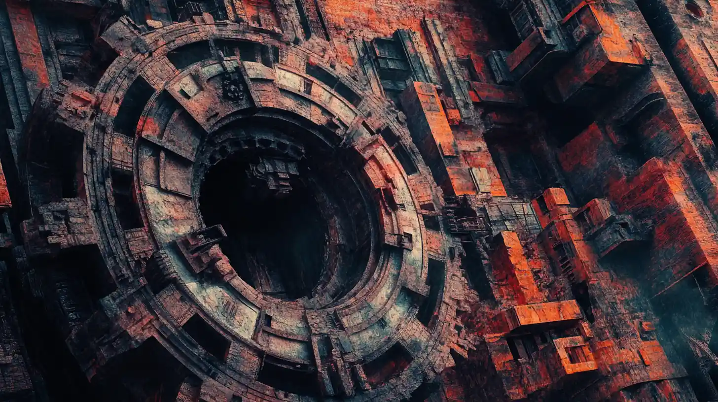 Donna davanti a un paesaggio urbano fantasy di ingranaggi in decadimento