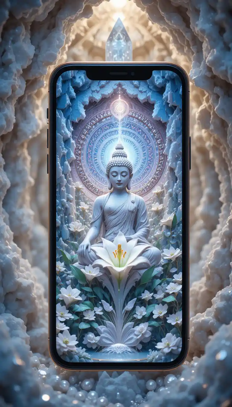 Surreal dreamscape on a smartphone in a crystal cave