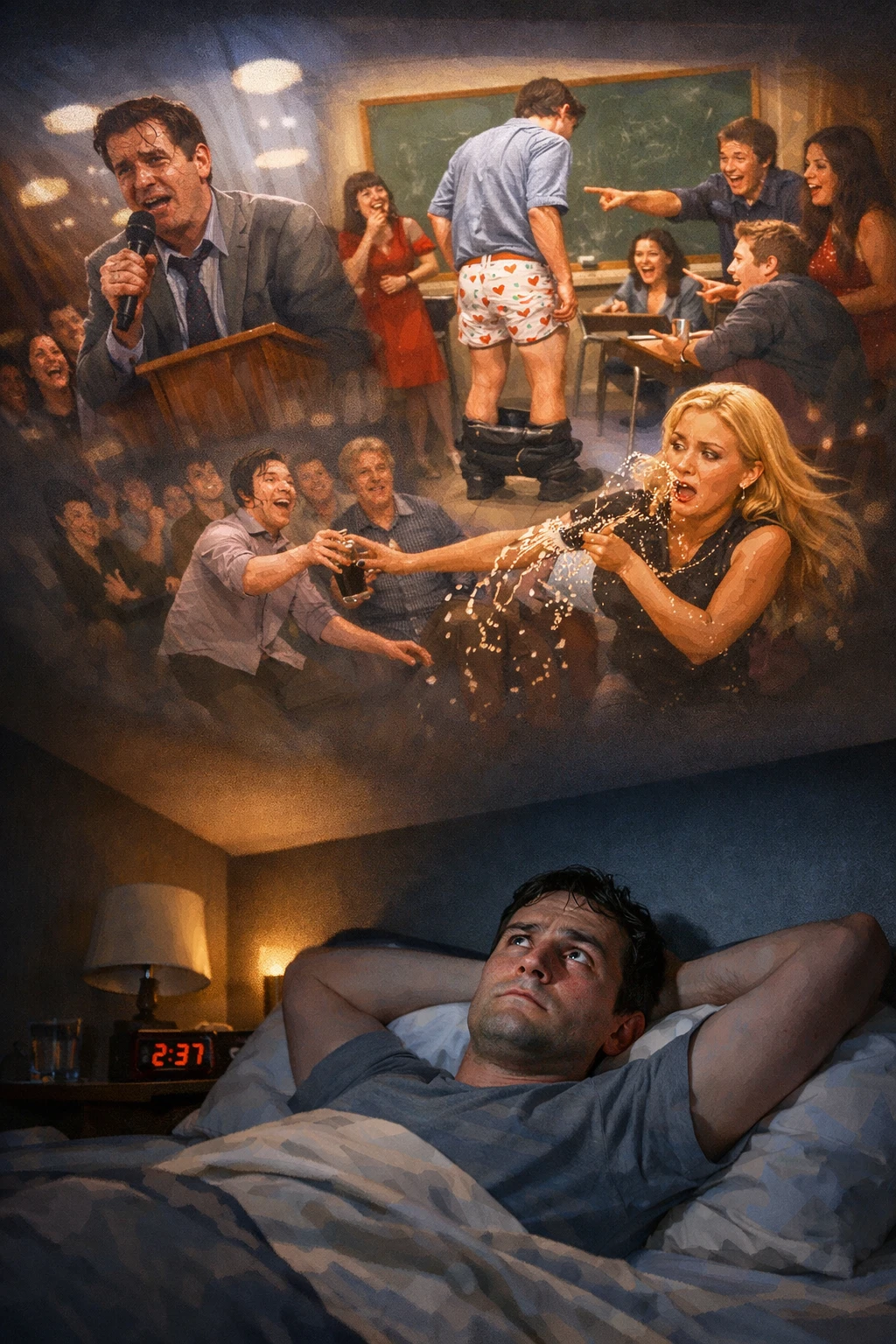 Person lying awake in bed under projected memories