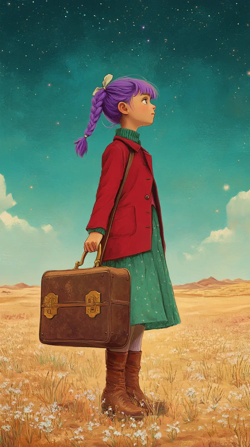 Young girl with suitcase in a dreamy desert field