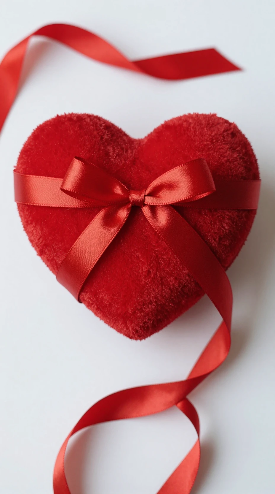 Red heart wrapped in delicate scarlet ribbon on white