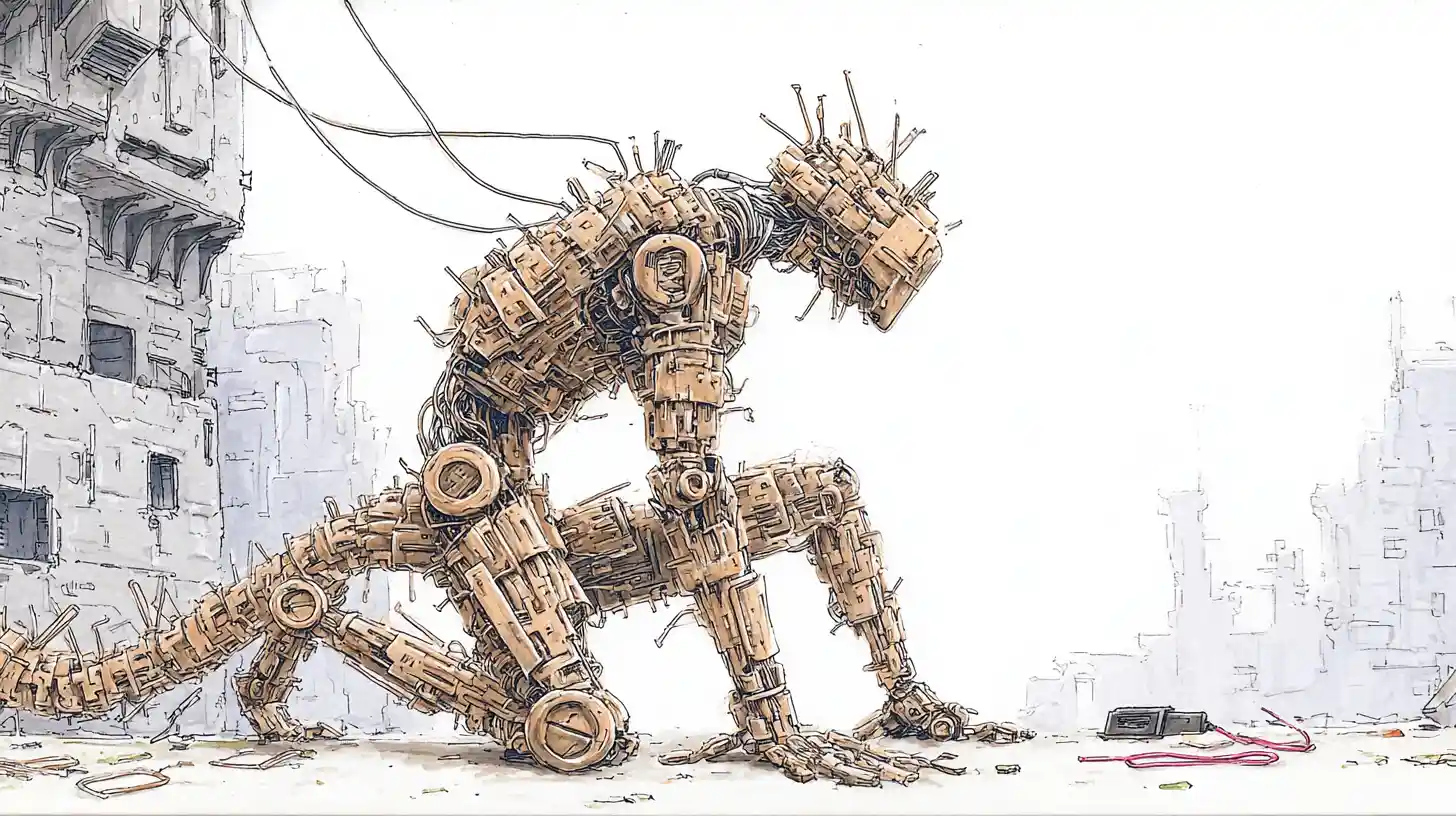 Kupferner Androidenkrieger in einer zerfallenden Cyberpunk-Stadt