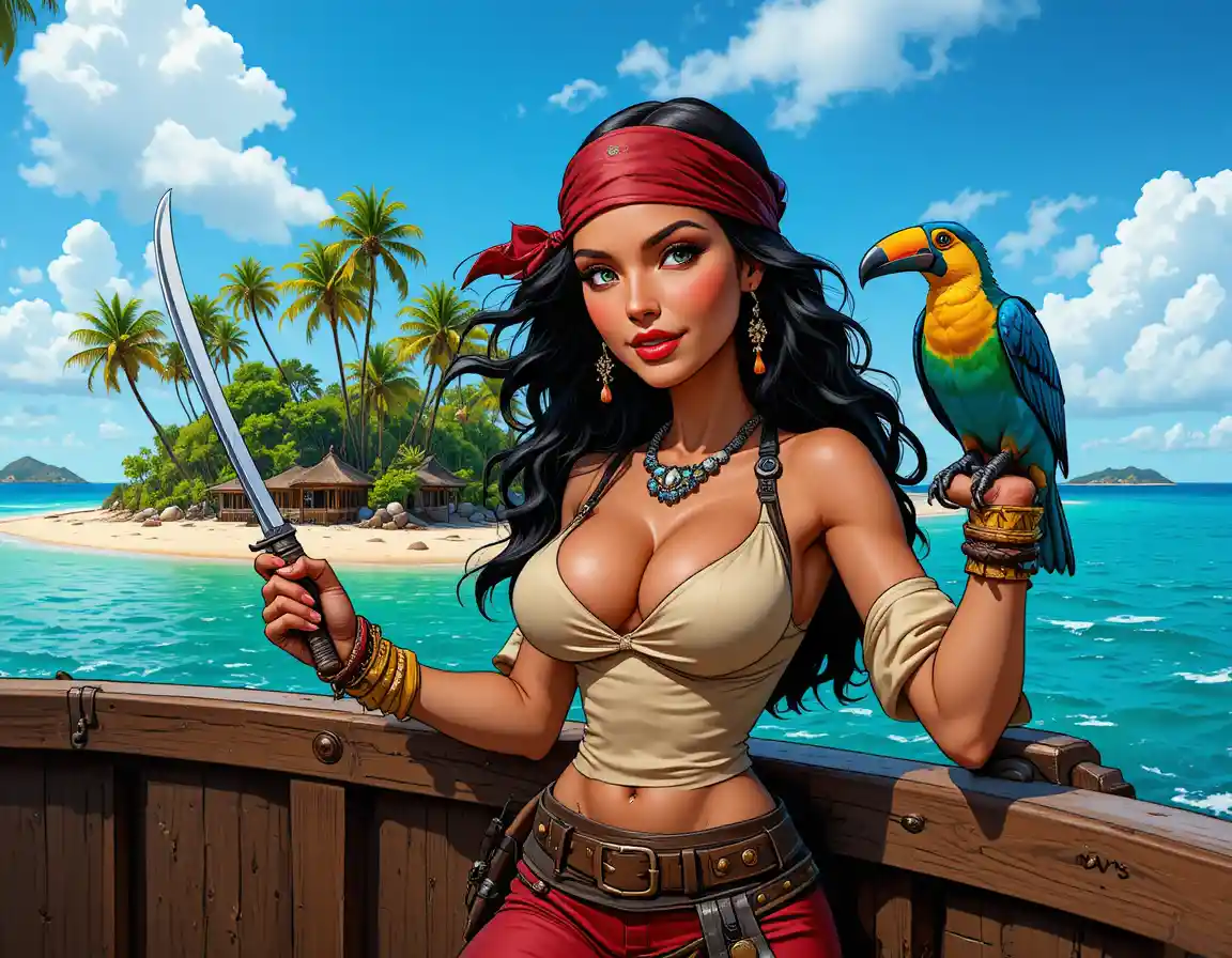 Latina-Piratin mit Tukan auf tropischem Schiffsdeck