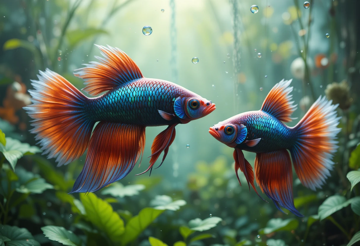 Coloridos Peces Betta en Frondosas Plantas Acuáticas