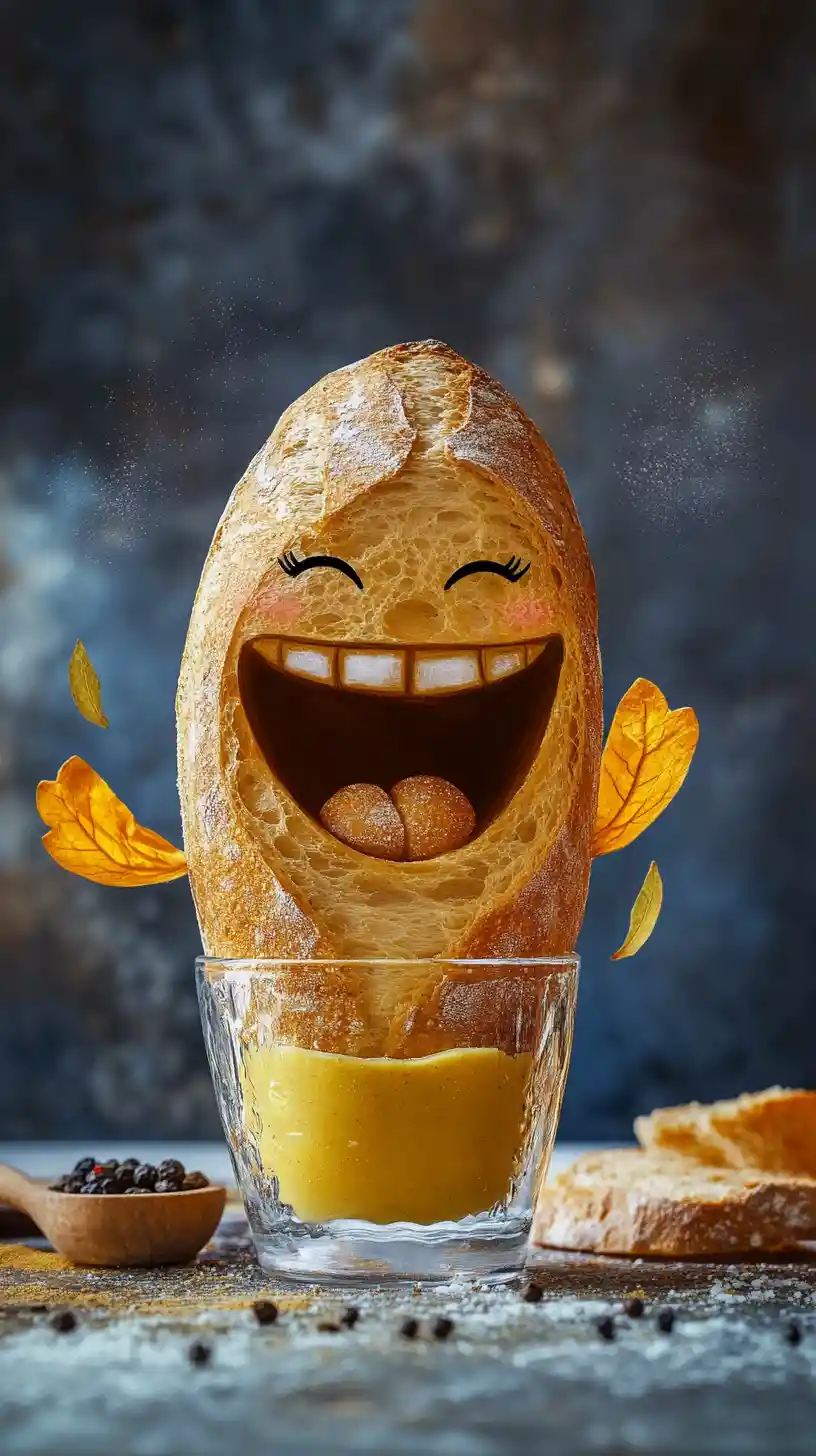 Laughing baguette inside a clear mustard glass