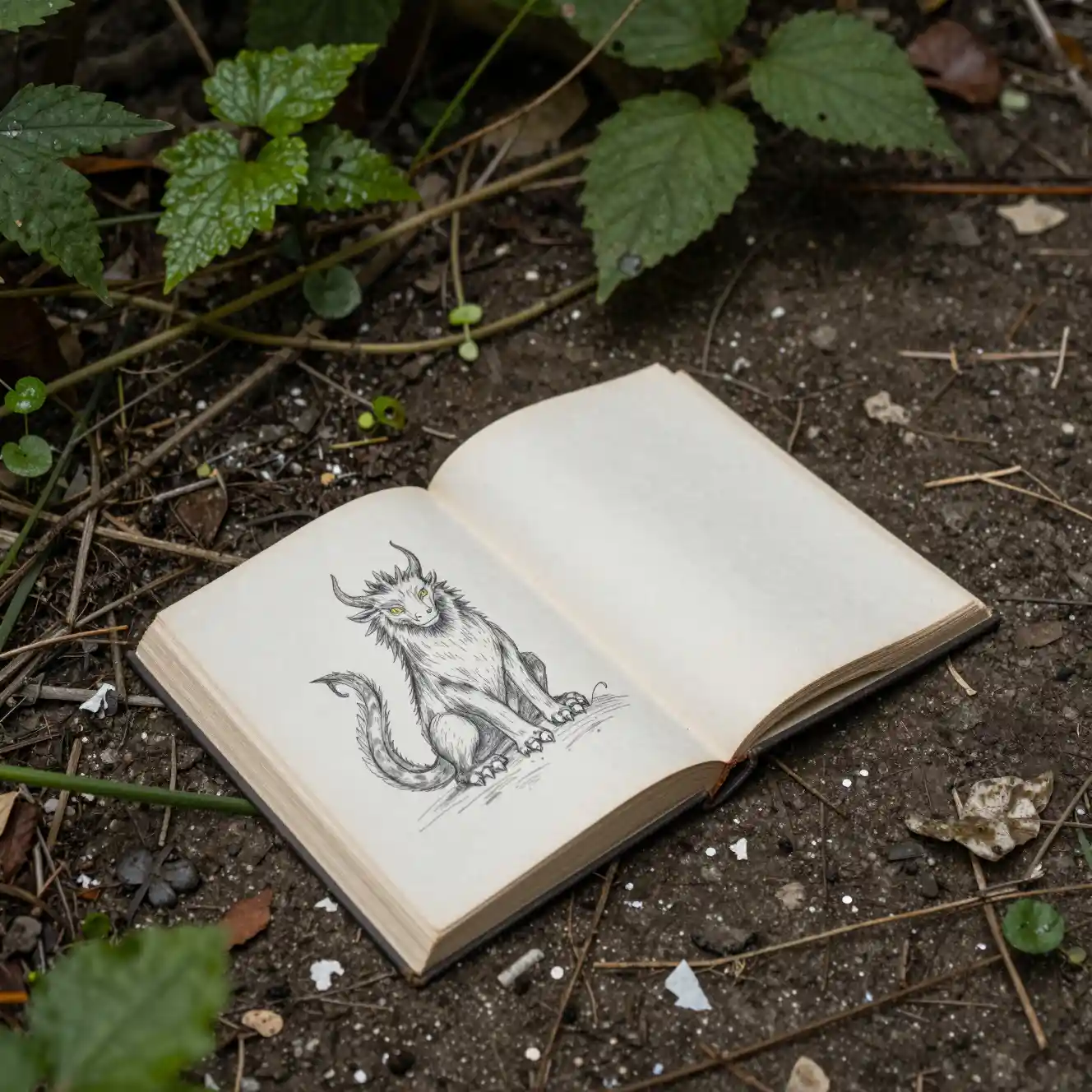 Livro quebrado sobre o chão da floresta coberto de plantas