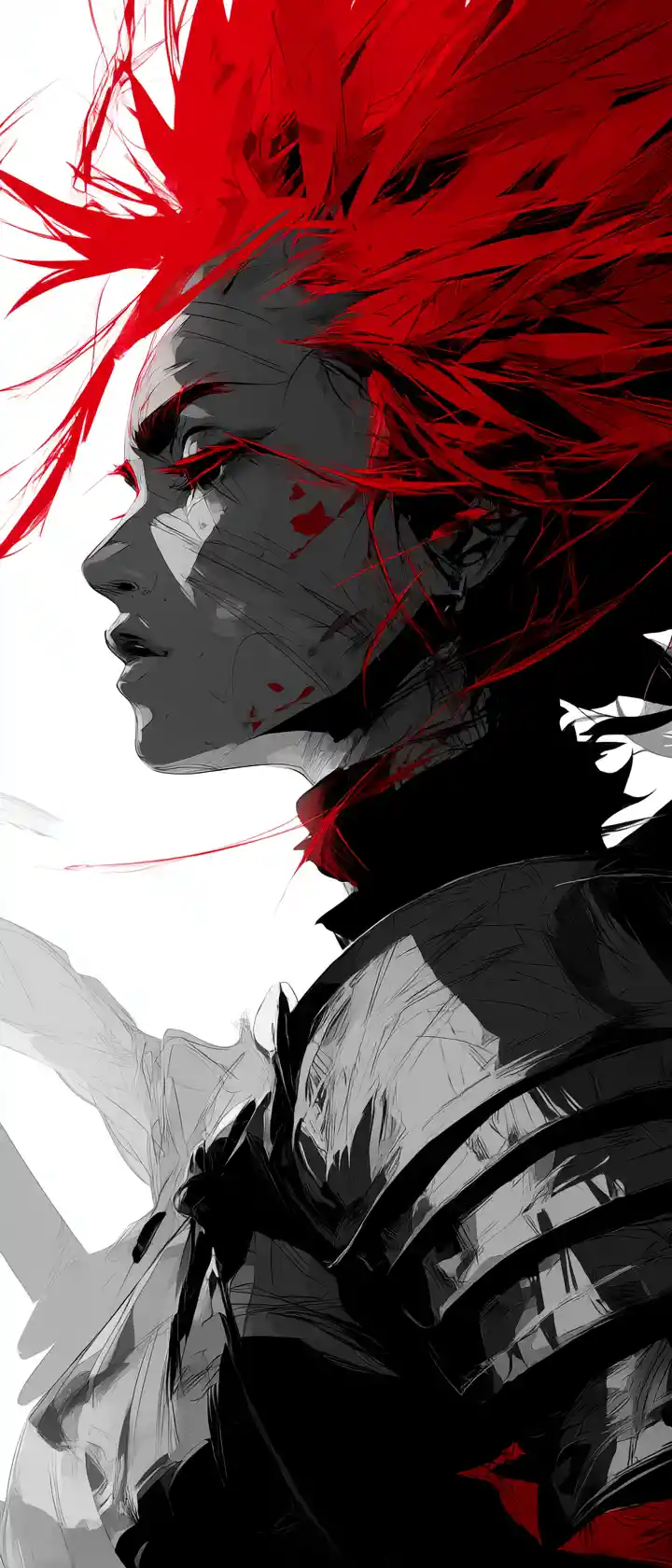 Guerrière d’anime farouche en profil latéral dramatique