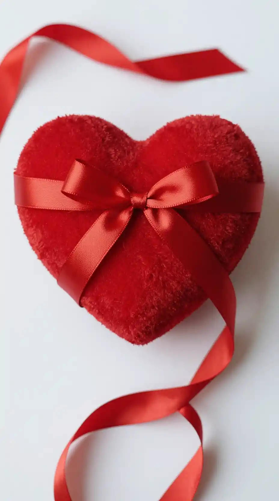 Red heart wrapped in delicate scarlet ribbon on white