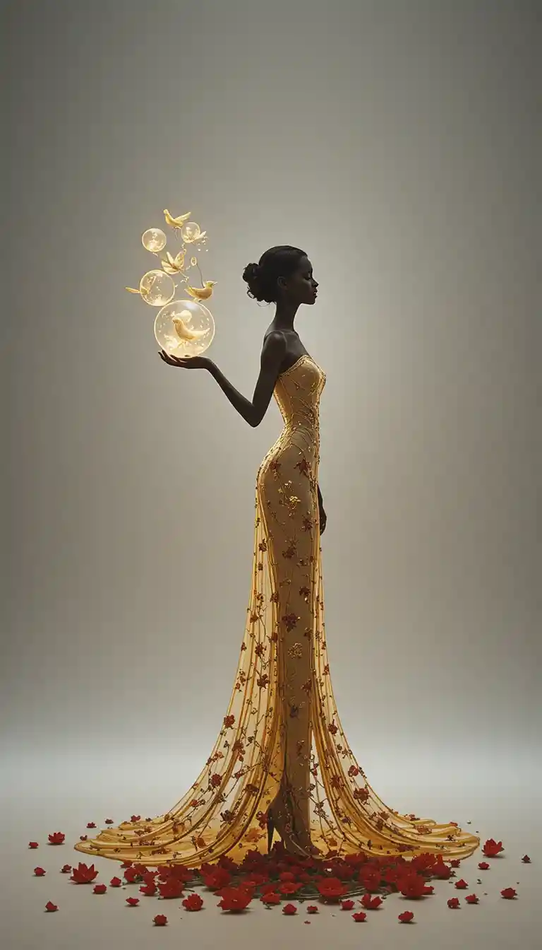 Golden neon silhouette of a slender woman with glass orbs