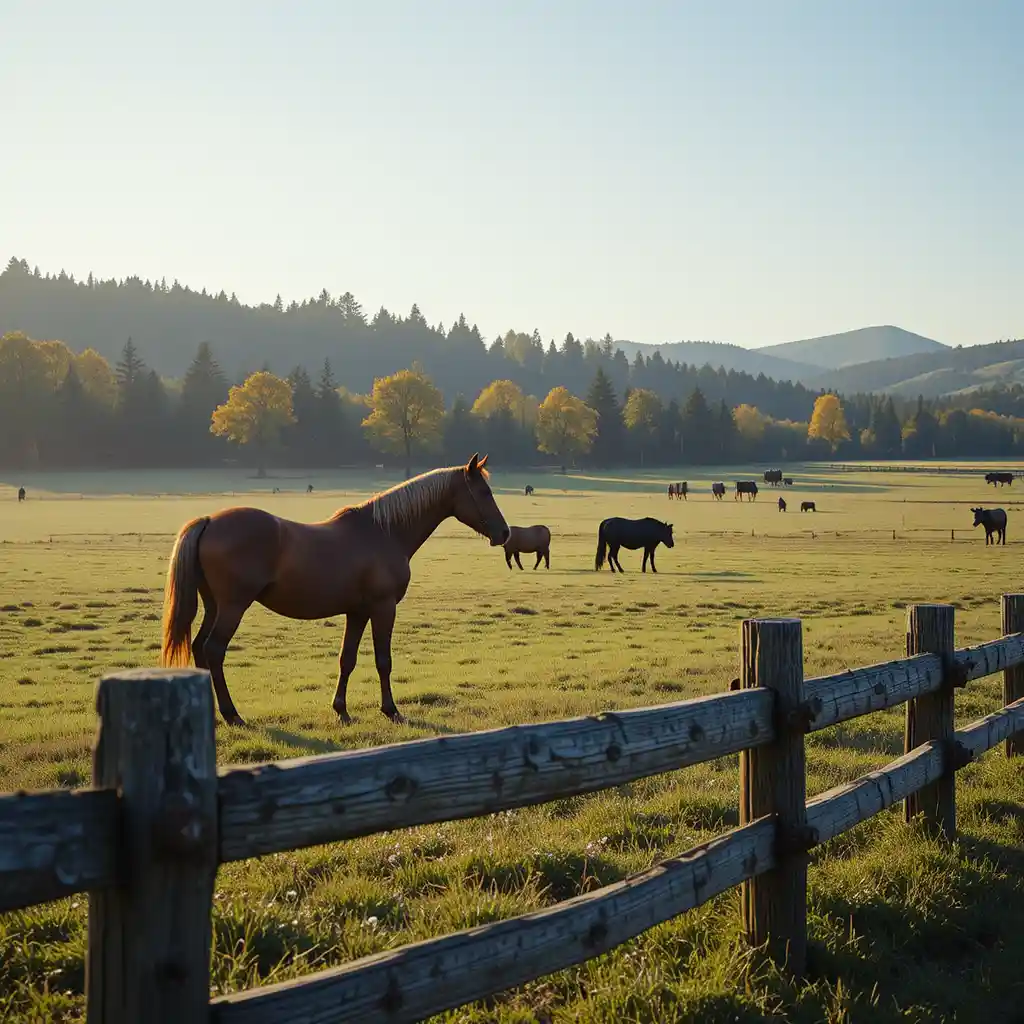 Peaceful ranch morning with horses and cows grazing