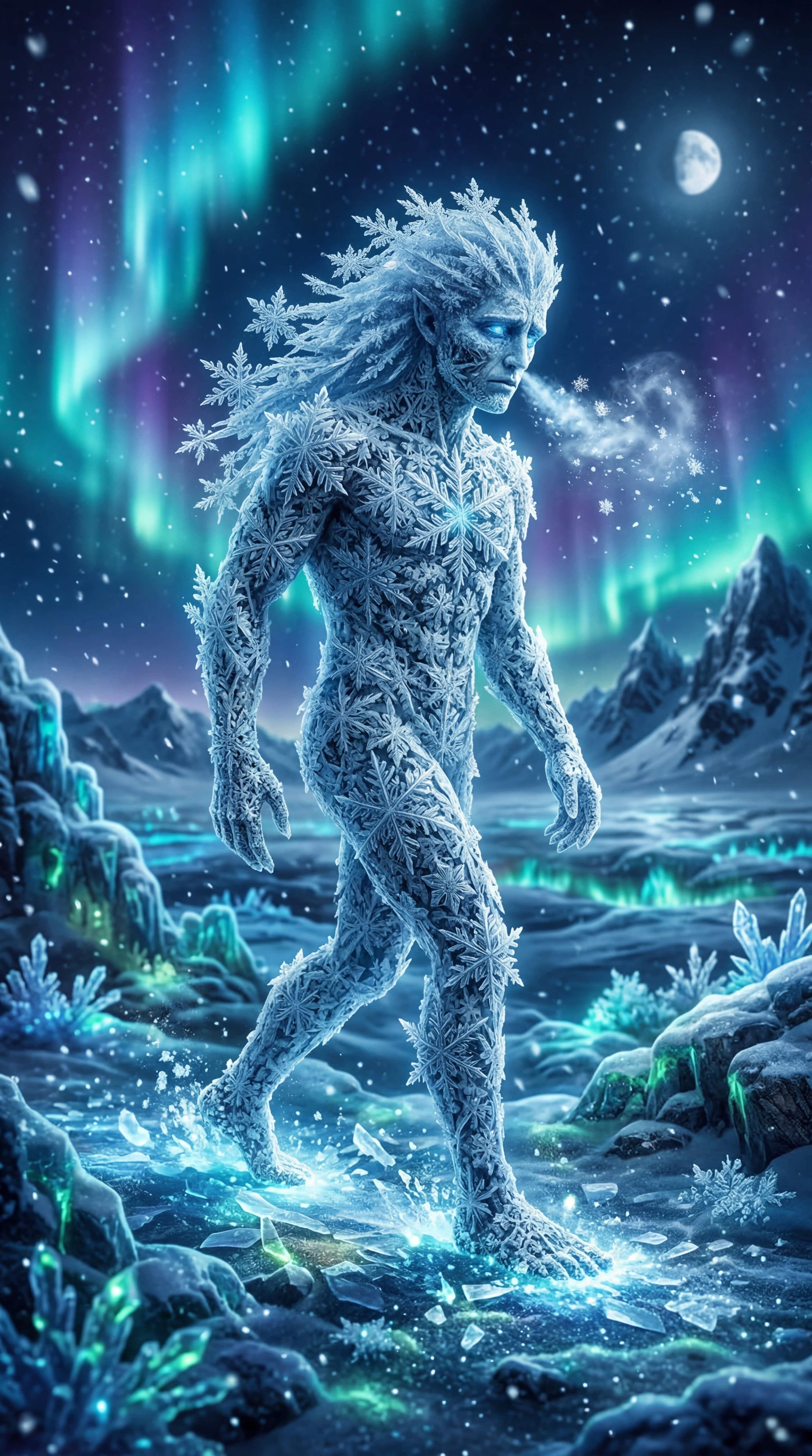 在發光冰封苔原上游走的雪花生物
